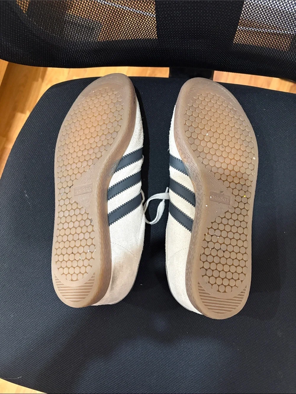 adidas Women’s Beige Suede Sneakers with Black Stripes. Size 9.5